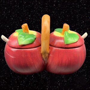 Vintage Ceramic Double Condiment Lids Autumn Harvest Farmhouse 4”T 6.5”W